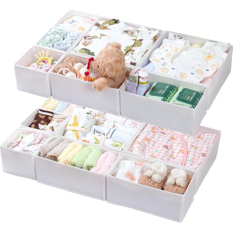 Set of 14 Foldable Organizers for Dressers and Drawers, Clothing Storage System, Washable, Flexible and Stackable, White (1/5)