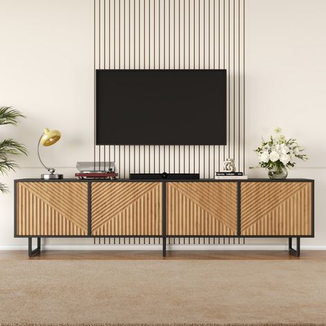 Meuble TV 180x40x50 cm 4 portes bois thermoformé salon compatible TV 80 pouces naturel noir (1/5)