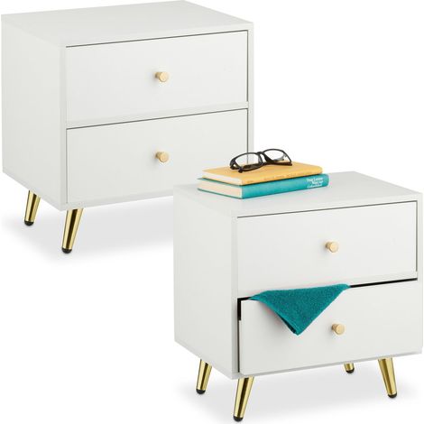 Comodino bianco con gambe dorate, 2 cassetti