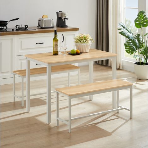 Mesa de comedor industrial con 2 bancos, 110 x 60 x 75 cm, madera natural y blanco (1/5)