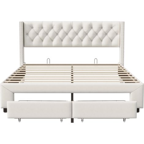 Tanant – Lit avec tiroirs 140x190cm – Tête de lit LED avec ports USB – 2 tiroirs – Sommier à lattes en bois – Velours beige