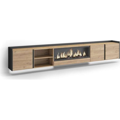 Mueble TV Atajate-02 de 315x50x35 cm con chimenea eléctrica y luces LED, suspendido, color roble y negro (1/4)