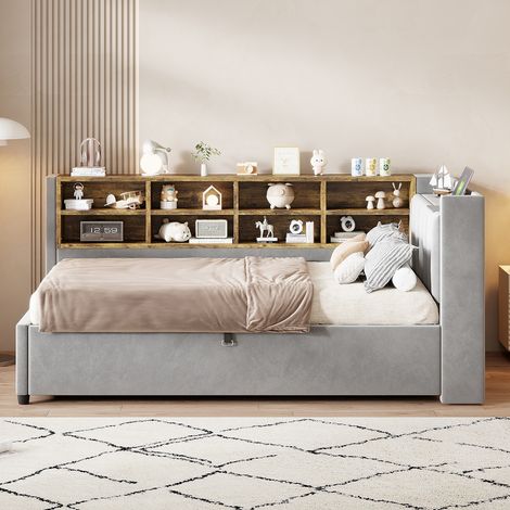Canapé Lit 90x200cm - Avec USB et Type-C - Veilleuse Intégrée - Rangement Hydraulique Caché - Casiers Latéraux de Rangement- Capacité 150kg - gris (1/5)
