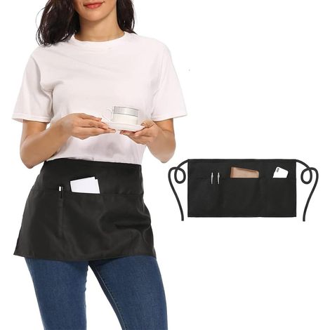 Tablier Serveuse Court Noir - Tablier de Cuisine avec 3 Poches, Demi-Tablier pour Serveur/Barman/Hôtellerie, Noir Uni (1/5)
