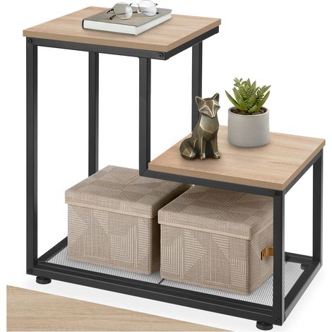 Bout de canapé 60,5 x 35,5 x 60,5 cm à 2 niveaux en bois clair, style industriel (1/5)