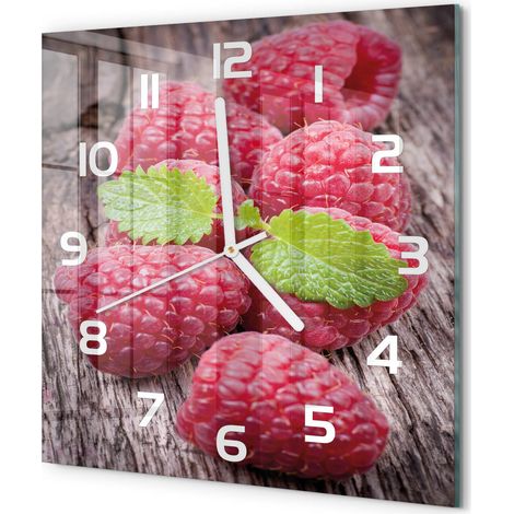 Horloge Murale Carrée Déco Salon Verre Trempé Silencieuse Design Contemporain Framboises 30x30 cm (1/5)