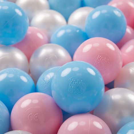KiddyMoon 50 ∅ 7CM Palline Morbide Colorate Per Piscina Bambini Fatto In EU, Azzurro/Rosa Chiaro/Perla (1/4)
