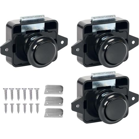 3PCS Bouton Poussoir Loquet, Bouton Poussoir Camping Car, Bouton Poussoir Verrou Armoire Loquet Sans Clé, Bouton Poussoir en Métal Serrure de Porte pour Bateau, Camping Car, Caravane (Noir) (1/5)