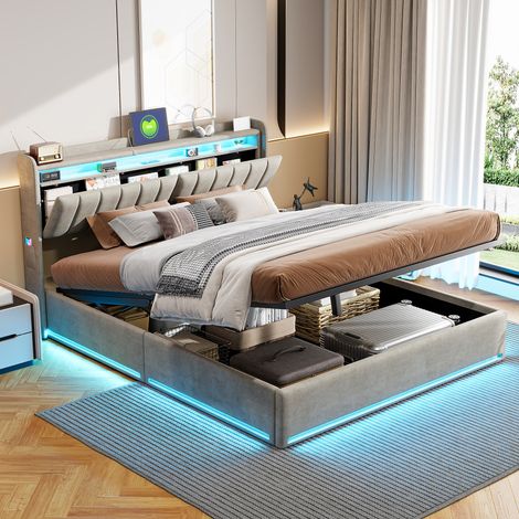 Lit coffre 160x200,lit 160x200 avec sommier,rangement de tête de lit, - LED réglable - Rangement hydraulique - 300 kg,Velours gris