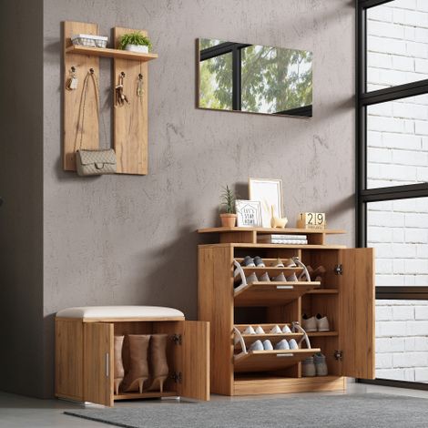Meuble d'entrée avec porte-manteaux et rangements (à fixation murale) comprend un banc pour se chausser, un meuble à chaussures, un miroir, 4 patères et 5 portes de placard finition naturelle. (1/5)