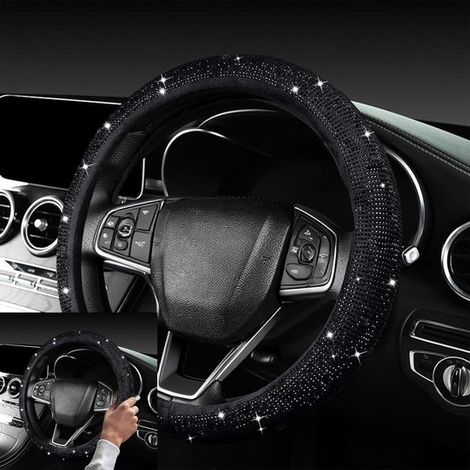 Coprivolante nero per volanti da 36-38 cm, traspirante e universale, decorato con strass scintillanti, elegante accessorio per auto. (1/5)