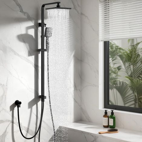 Système de douche sans robinet, noir - Robinet de douche à effet pluie - En acier inoxydable - Rectangulaire - Colonne de douche réglable avec pommeau de douche (1/5)
