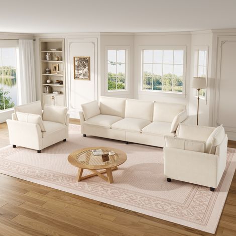 Ensemble canapé 3-1-1, set de canapé modulable, libre combinaison, canapé en tissu chenille, 3 places + 2 fauteuils, avec coussins, rembourrage doux, confort nuage, canapé de salon, design moderne, be (1/5)