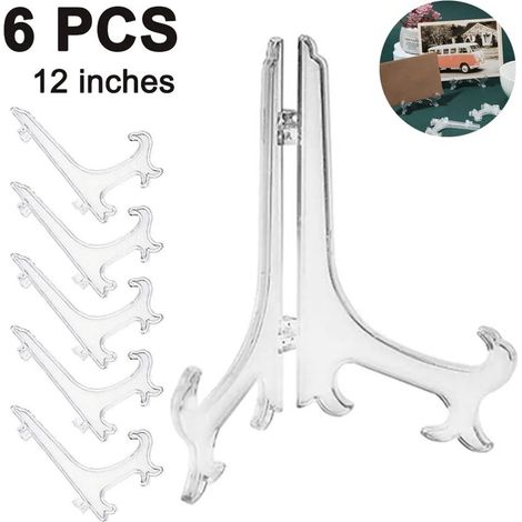 Lot de 6 chevalets en plastique transparents pour assiettes, tableaux, livres, tablettes et œuvres d'art. Support trépied inclus. (1/5)