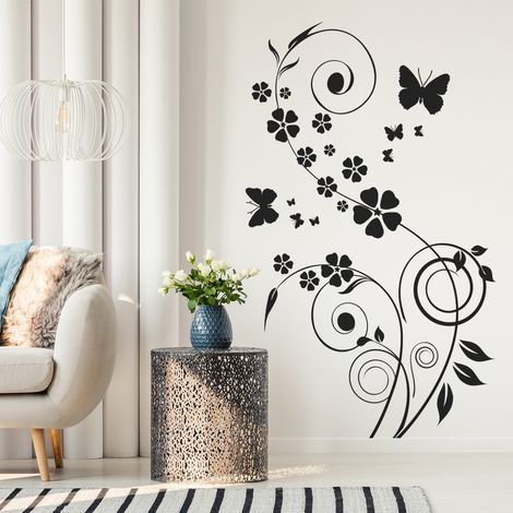 Sticker Mural - Fleurs Papillons - 27x44 cm - Noir (1/3)