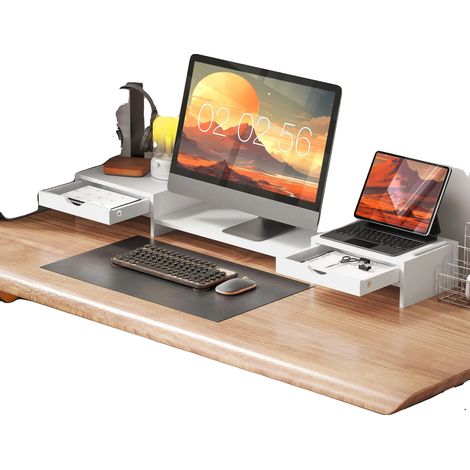 Soporte para monitor, altura regulable, soporte para dos monitores, dos cajones, diseño moderno, construcción robusta. (1/5)