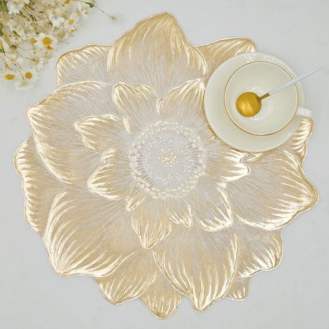 Lot de 6 sets de table ronds 38 cm motif lotus doré en PVC ajouré imperméables résistants aux taches et faciles à nettoyer pour fêtes et mariages (1/5)