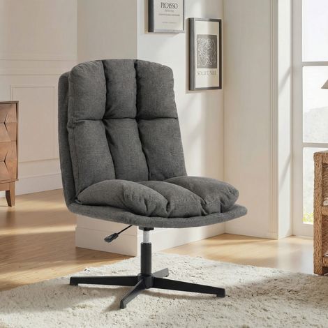 Sillón giratorio auxiliar, sillón de lectura de tela con aspecto de lino, sin reposabrazos, con asiento ancho y patas metálicas, gris oscuro.