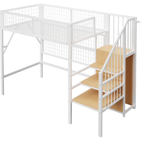 Cama alta metálica 90 x 200 cm con LED APP, escalera con almacenamiento, blanca (1/5)