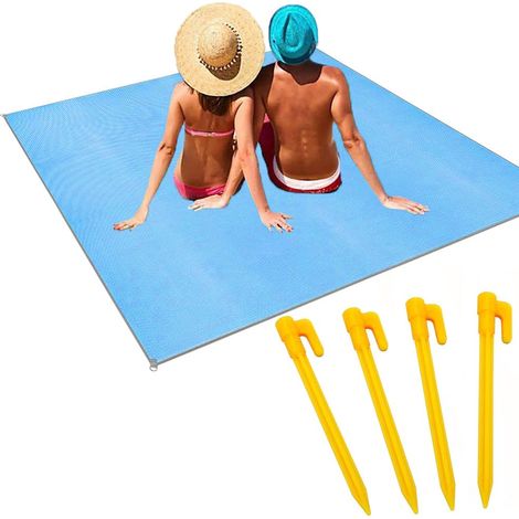 Telo da spiaggia antisabbia impermeabile di gandi dimensioni ( 150x200 cm ) con 4 picchetti antivento per fissaggio - Colore blu (1/5)