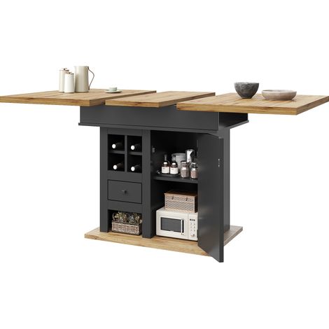 CHICFURN Mesa de comedor extensible 110-140x80 cm MDF negro y natural, almacenaje 4-6 personas (1/5)