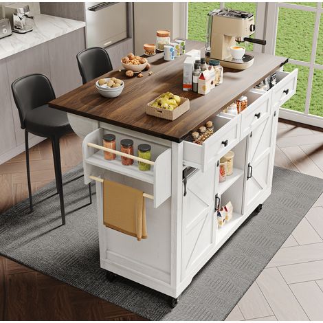 Kücheninsel 140/73/94 cm Beige mit Klappplatte, 3 Schubladen und Rollen (1/5)