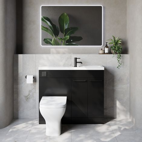 Napoli 250 Matt Black 1000mm 2 Door Vanity Unit Toilet Suite with Square Silvo Basin - 1000mm - Matt Black 160mm HandleWith Kingston Toilet Pan and Seat
