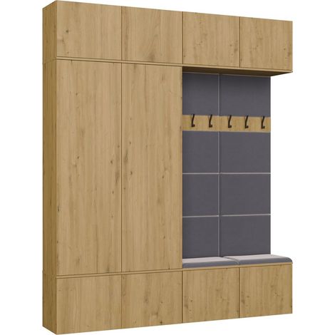 Set modulare da ingresso, due armadi con due pannelli appendiabiti e panche, Rovere Artisan, 200 x 35 x 238 cm (1/5)