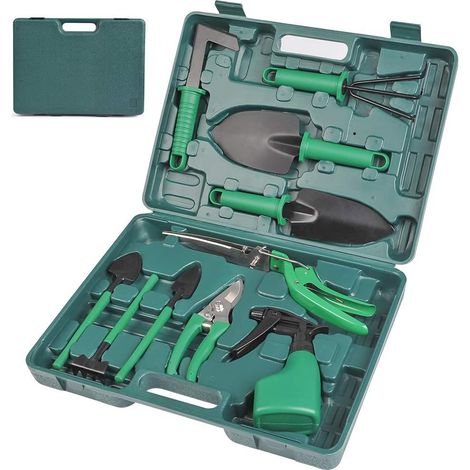 Set di 10 attrezzi da giardinaggio, pala antiruggine e potatore per giardinaggio all'aperto, erpice, spruzzatore d'acqua e borsa portaoggetti resistente per donne e uomini