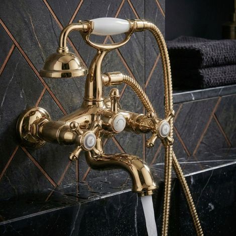 PaulGurkes Robinet de baignoire en or rétro à deux poignées, robinet antique avec douche (1/5)