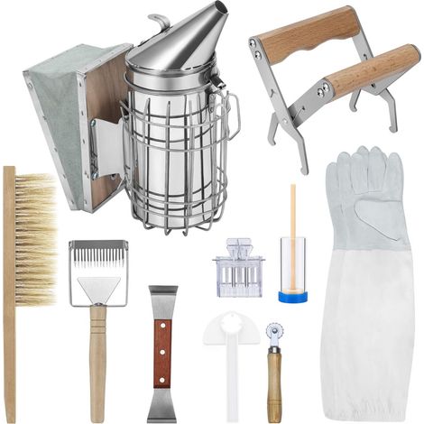 Imker-Starterset – Set mit 10 Imkerwerkzeugen und -zubehör, darunter Smoker, Rahmen, Handschuhe, Bienenbürste, Schaber, Gabel, Königinnenkäfig, Markierungsrohr, Futtertrog und Rahmen.