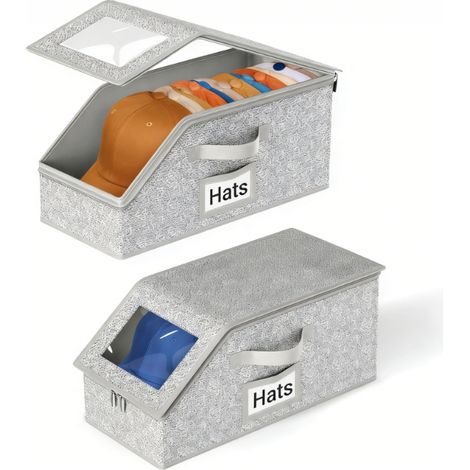 Boite De Rangement Pour Casquettes - 2 Pièces Empilables - Capacité 24 Casquettes - Base Carton Rigide - Fermeture Éclair Métallique Bidirectionnelle - PVC Transparent - Gris (1/5)