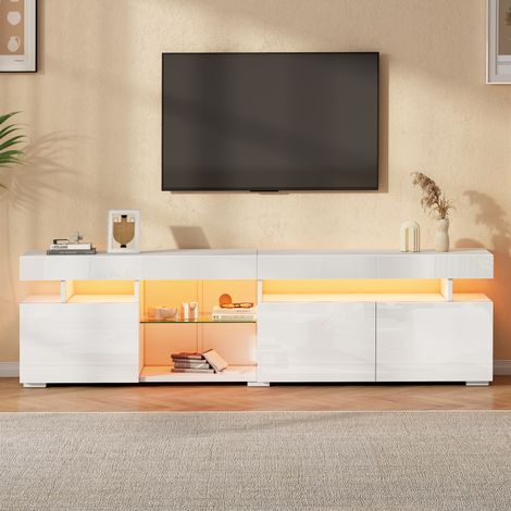 Mueble TV 180x35x45 cm blanco en tablero de partículas con frontal alto brillo, LED y 3 puertas (1/5)