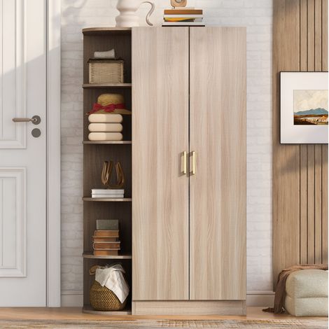 Armadio guardaroba 90x55x170 cm in MDF naturale con doppie ante e ripiani - MEUBLIV (1/5)