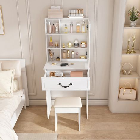 Tocador LED 60x36x131 cm – Mesa de maquillaje blanca minimalista con espejo, almacenamiento oculto y taburete incluido, tocador con espejo para dormitorio (1/5)