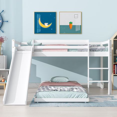Bunk Bed with Slide, Solid Pine Wood Frame for Children and Teens, 90x190cm,90x200cm, White (1/5)