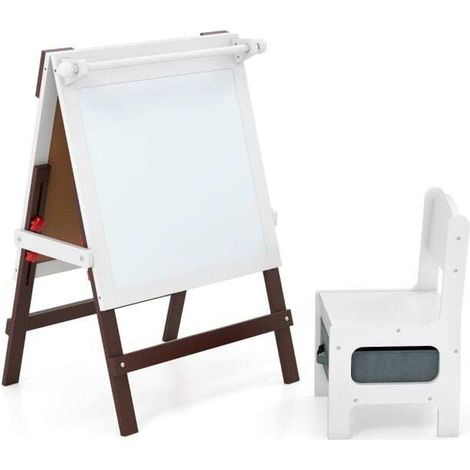 Chevalet enfant marron réglable avec tableau blanc magnétique, ardoise et chaise avec rangement pour chambre et salle de jeux (1/5)