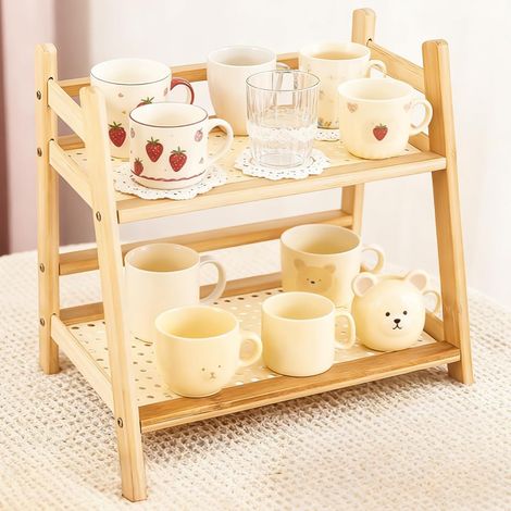 Organisateur de cuisine, Étagère à deux étages pour café, porte-tasses en bambou, porte-tasses, étagère de rangement, étagère à épices, étagère (1/5)