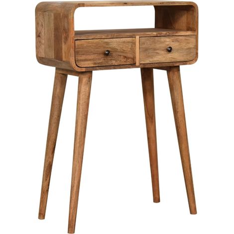 Console mini incurvée en bois massif aspect chêne, 2 tiroirs et niche ouverte, marron (1/5)