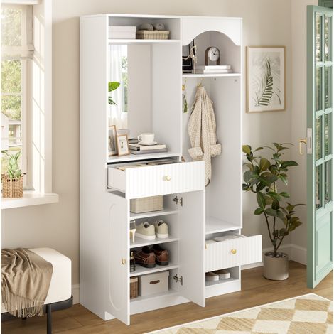 REDOM - Mobile da ingresso 100x35x180 cm, specchio intero, panca, vani multipli, ripiani regolabili, MDF bianco (1/5)