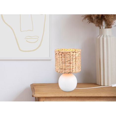 LED Tischleuchte Keramikfuß Weiß mit Seegras Lampenschirm, Höhe 29cm (1/5)