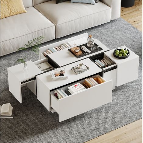 Table basse moderne blanche et noire 100 x 60 x 40 cm, 4 tiroirs, finition brillante, REDOM (1/5)
