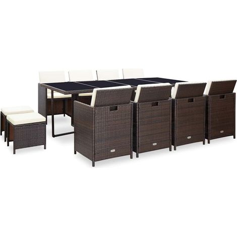 Ensemble Table et Chaise de Jardin 13 pcs - Mobilier de jardin encastrable et coussins Rotin Marron BV853738 - BonneVie (1/5)