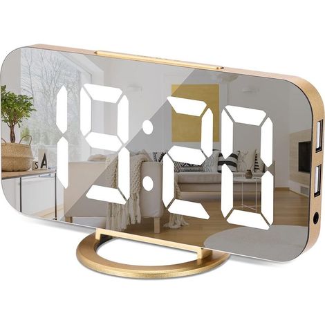 QAZQA Horloge Numérique à grand écran,Réveil Electrique LED,Surface miroir pour maquillage avec mode d'intensité,3 niveaux de luminosité,Double ports USB,Décoration moderne pour la maison ou la chambr (1/5)
