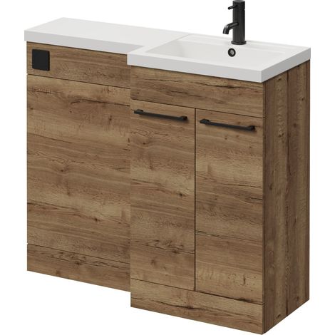 Napoli 390 Tobacco Oak 1000mm 2 Door Vanity Unit Toilet Suite with Right Hand Square Lucia Basin - 1000mm - Matt Black 160mm HandleWithout Kingston Toilet Pan