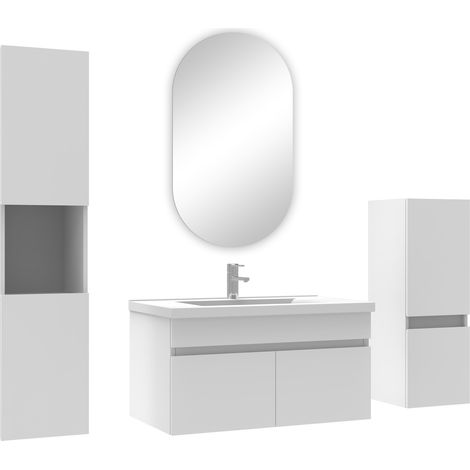 Ocean meubles simple vasque 80cm,meuble acve colonne et miroir ovale Blanc