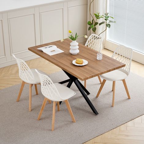 Wokaka Lot Table et Chaises à Manger -Table MDF et Métal noir 140cm - avec 4 Chaises Scandinaves de Salle à Manger Blanc - Couleur noyer