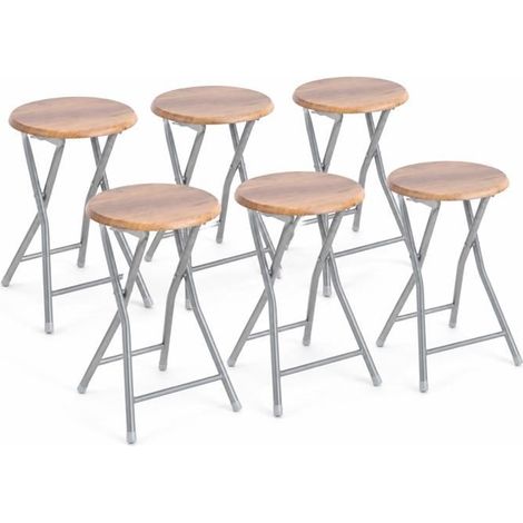 Tabouret pliable - JUANIO - Lot de 6 - Assise effet bois - Métal - Diam.30 x H46 cm (1/5)