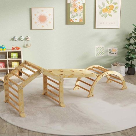 Structure d’escalade intérieure 9 en 1 pour tout-petits avec rampe, toboggan double face, échelle et tableau, en bois clair, 18 à 48 mois  CHICFURN (1/5)