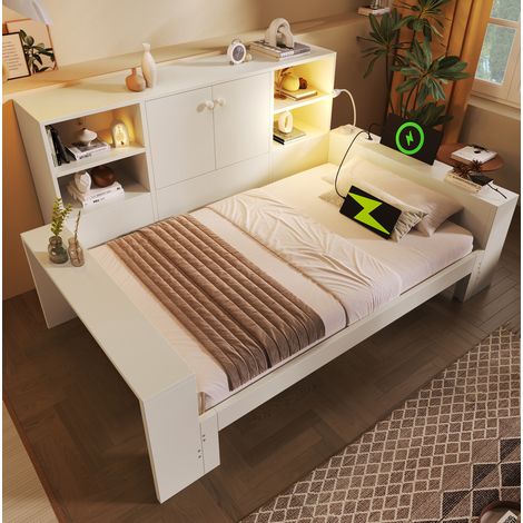 Lit banquette 90 x 200 cm en MDF blanc avec lit gigogne, rangement et ports USB/USB-C (1/5)
